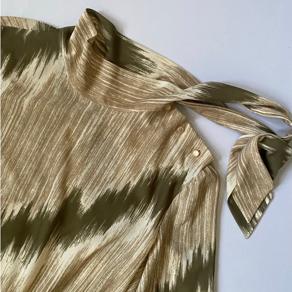 Vintage 70s Abstract Midi Dress High Neck Side Bow Olive Taupe M - Picture 15 of 17